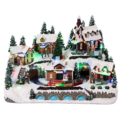 Christmas village with train in motion and spinning tree, 10x12x10 in 1