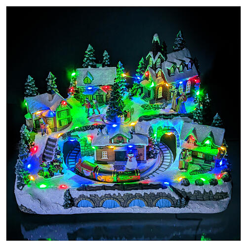 Christmas village with train in motion and spinning tree, 10x12x10 in 2