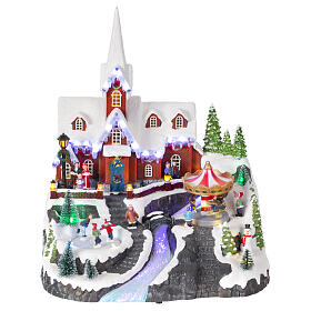 Winterszene, schneebedeckte Kirche und vereister Flusslauf, 40x30x30 cm