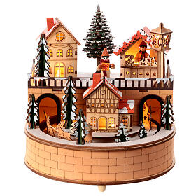 Wooden Christmas village with lights, 8x8x8 in