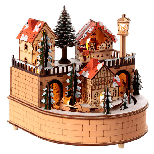 Wooden Christmas village with lights, 8x8x8 in 4