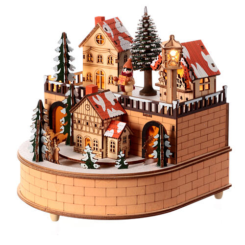 Wooden Christmas village scene with lights 20x20x20 3