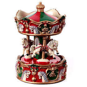 Christmas music box, red and green merry-go-round, 6x4x4 in