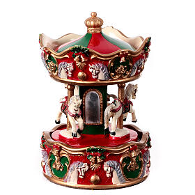 Christmas music box, red and green merry-go-round, 6x4x4 in