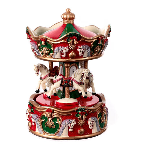 Christmas music box, red and green merry-go-round, 6x4x4 in 3