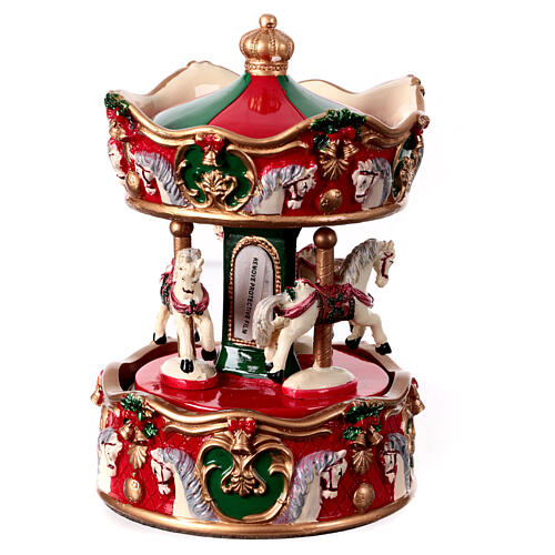 Christmas music box, red and green merry-go-round, 6x4x4 in 4