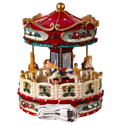 Christmas carousel, red and white, music box, 10x8x8 in 5