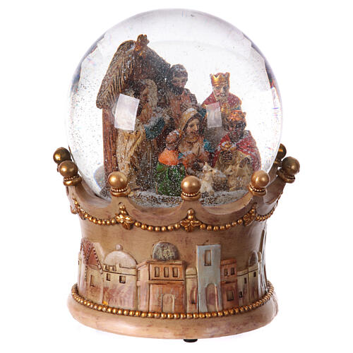 Carillon sfera di vetro natalizia Natività 25x20x20 cm illuminato medley 8 melodie natalizie 6