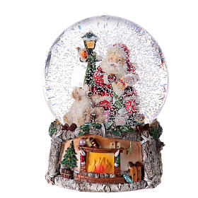 Christmas snow globe with music box, Santa with animals sitting on a fireplace, 8x6x6 in