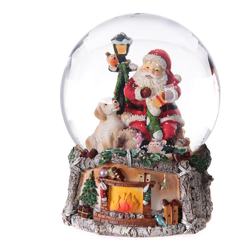 Christmas snow globe with music box, Santa with animals sitting on a fireplace, 8x6x6 in 1