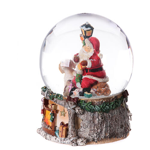 Christmas snow globe with music box, Santa with animals sitting on a fireplace, 8x6x6 in 3