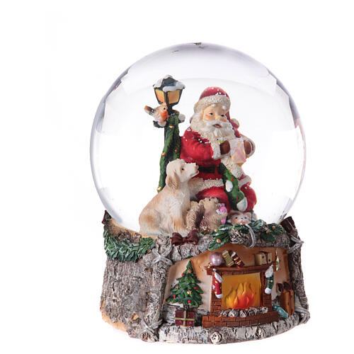 Christmas snow globe with music box, Santa with animals sitting on a fireplace, 8x6x6 in 4