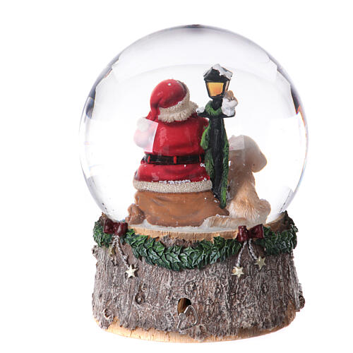 Christmas snow globe with music box, Santa with animals sitting on a fireplace, 8x6x6 in 5