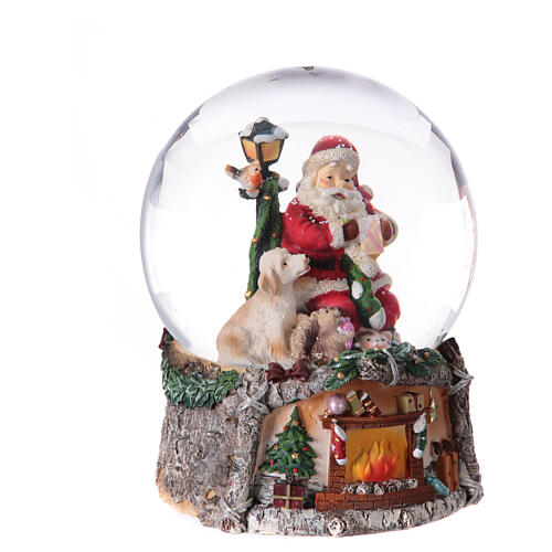 Caixa de música globo de neve Pai Natal sentado com animais 20x20x20 cm lareira 4