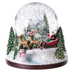 Schneekugel mit Spieluhr, Winterlandschaft mit Weihnachtsmann – H 17 cm, Ø 17 cm