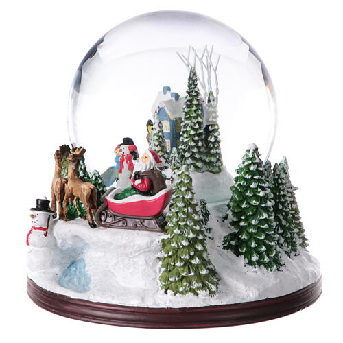 Christmas snow globe with music box, Santa in a snowy landscape, 8x8x8 in 3