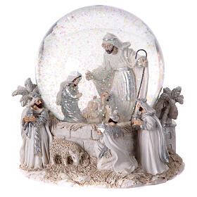 Christmas snow globe with music box, white and silver Nativity, 6x6x6 in