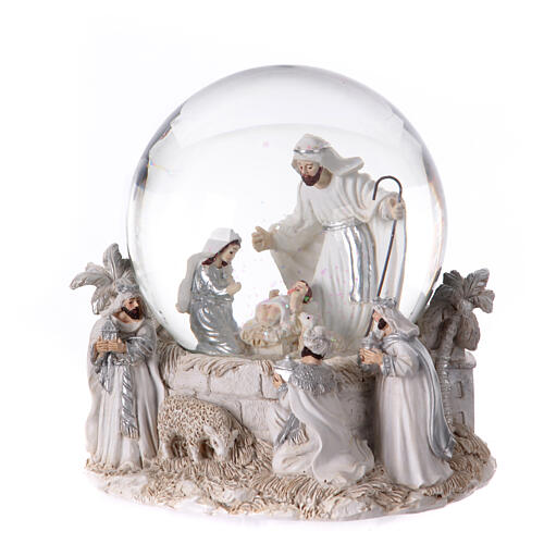 Christmas snow globe with music box, white and silver Nativity, 6x6x6 in 1