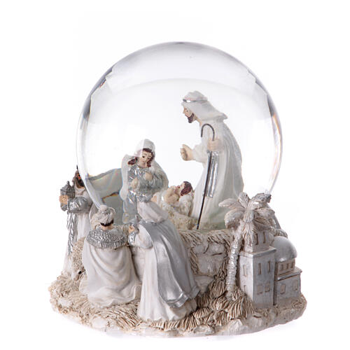 Christmas snow globe with music box, white and silver Nativity, 6x6x6 in 3