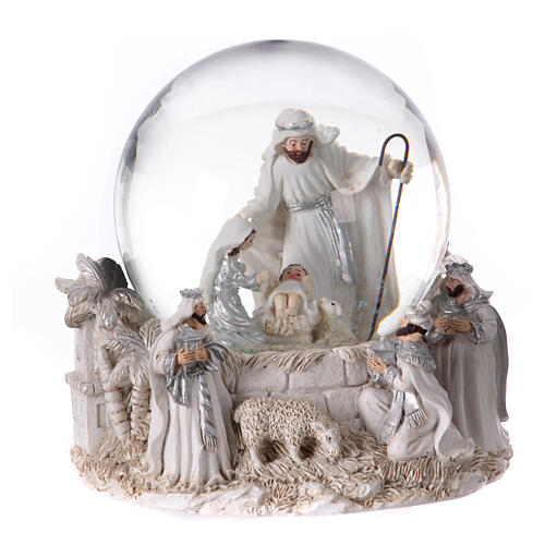 Christmas snow globe with music box, white and silver Nativity, 6x6x6 in 4