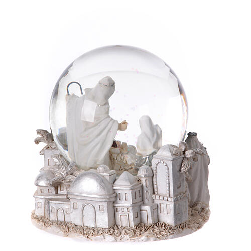 Christmas snow globe with music box, white and silver Nativity, 6x6x6 in 5