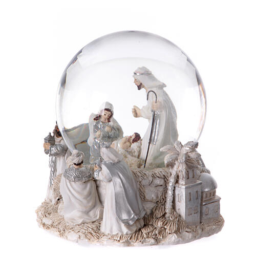 Boîte à musique boule à neige Nativité blanc argent 20x15x15 cm 3