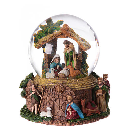Carillón Natividad esfera de vidrio nieve purpurina 20x15x15 cm reyes magos pastores 1