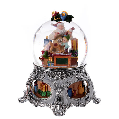 Christmas snow globe with music box: Santa creating toys with his elves, 10x8x8 in 1