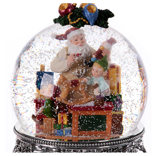 Christmas snow globe with music box: Santa creating toys with his elves, 10x8x8 in 2