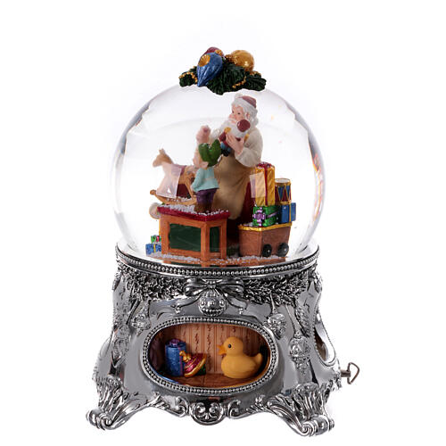 Christmas snow globe with music box: Santa creating toys with his elves, 10x8x8 in 3