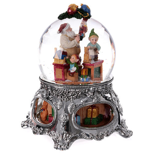 Christmas snow globe with music box: Santa creating toys with his elves, 10x8x8 in 4