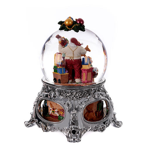 Christmas snow globe with music box: Santa creating toys with his elves, 10x8x8 in 5