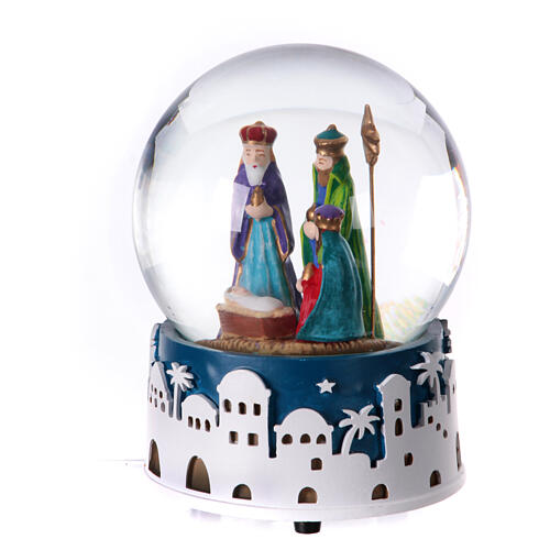 Carillon natalizio sfera di vetro adorazione dei Magi 15x10x10 cm 3