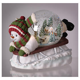 Christmas snow globe with music box: snowman on a sleigh, 8x10x6 in