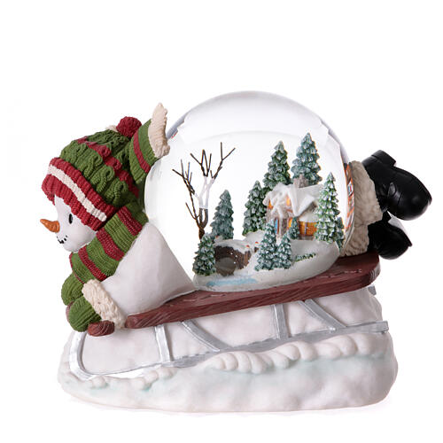 Christmas snow globe with music box: snowman on a sleigh, 8x10x6 in 1