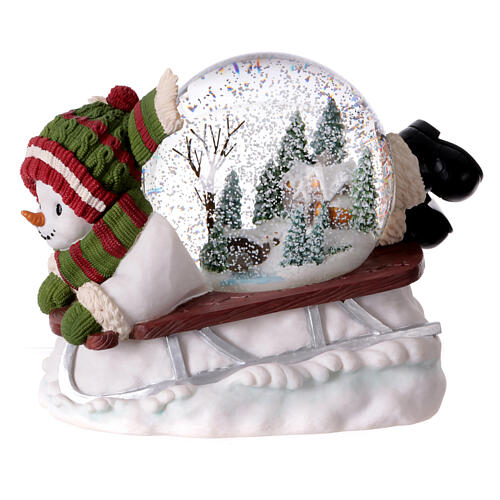 Christmas snow globe with music box: snowman on a sleigh, 8x10x6 in 6
