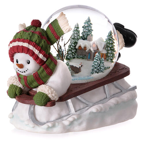 Snowman on sled music snow globe glass 20x25x15 cm 5