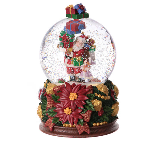 Carillon natalizio Babbo Natale bambina regali 25x15x15 cm stelle di Natale sfera vetro 5