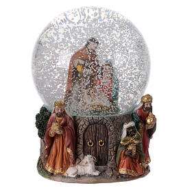 Esfera de vidrio natividad con nieve y Reyes Magos 15 cm
