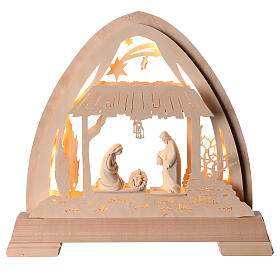 Gothic arch "Bosco" with 10 cm "Aram" Nativity, Val Gardena decoration, 48x42 cm, LED lights