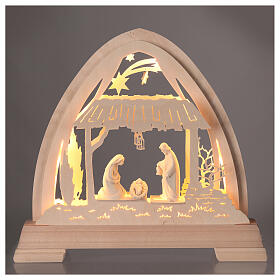 Gothic arch "Bosco" with 10 cm "Aram" Nativity, Val Gardena decoration, 48x42 cm, LED lights