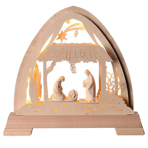 Gothic arch "Bosco" with 10 cm "Aram" Nativity, Val Gardena decoration, 48x42 cm, LED lights 1