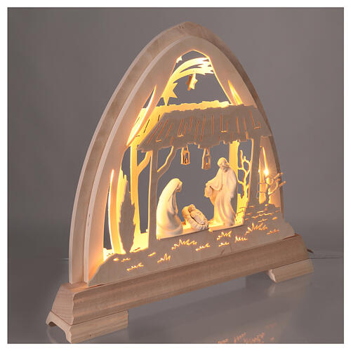 Gothic arch "Bosco" with 10 cm "Aram" Nativity, Val Gardena decoration, 48x42 cm, LED lights 4