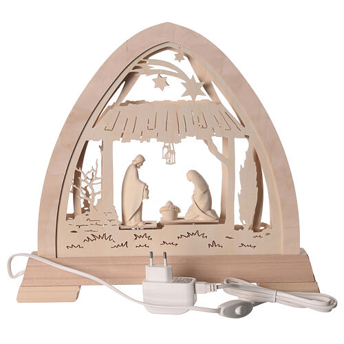 Gothic arch "Bosco" with 10 cm "Aram" Nativity, Val Gardena decoration, 48x42 cm, LED lights 5