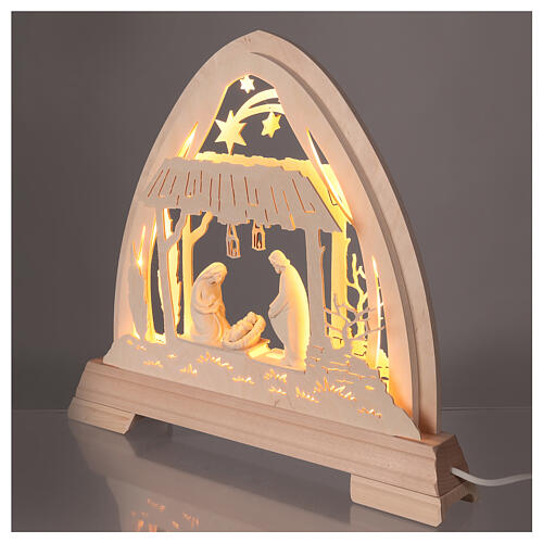 Arc gotique Bosco Val Gardena 48x42 cm avec Nativité Aram 10 cm LED 3