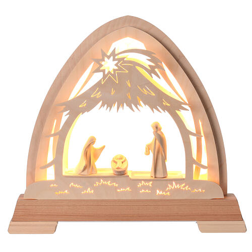 Lichterbogen in Spitzbogenform mit 4 LEDs, Heilige Familie, Figurenserie Aram 10 cm, natur 1