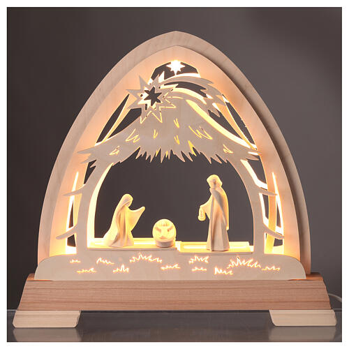 Lichterbogen in Spitzbogenform mit 4 LEDs, Heilige Familie, Figurenserie Aram 10 cm, natur 2