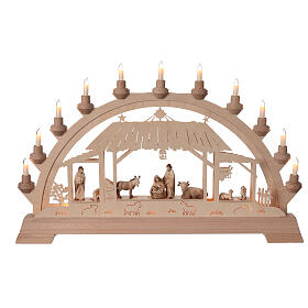 Arch with wooden Nativity Scene of 9 figurines of 8 cm, Val Gardena, 40x65x5 cm, LED lights