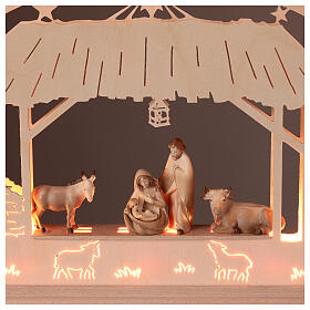 Arch with wooden Nativity Scene of 9 figurines of 8 cm, Val Gardena, 40x65x5 cm, LED lights