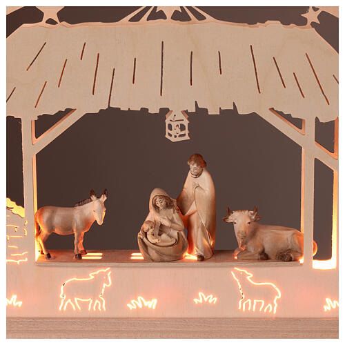 Arch with wooden Nativity Scene of 9 figurines of 8 cm, Val Gardena, 40x65x5 cm, LED lights 2